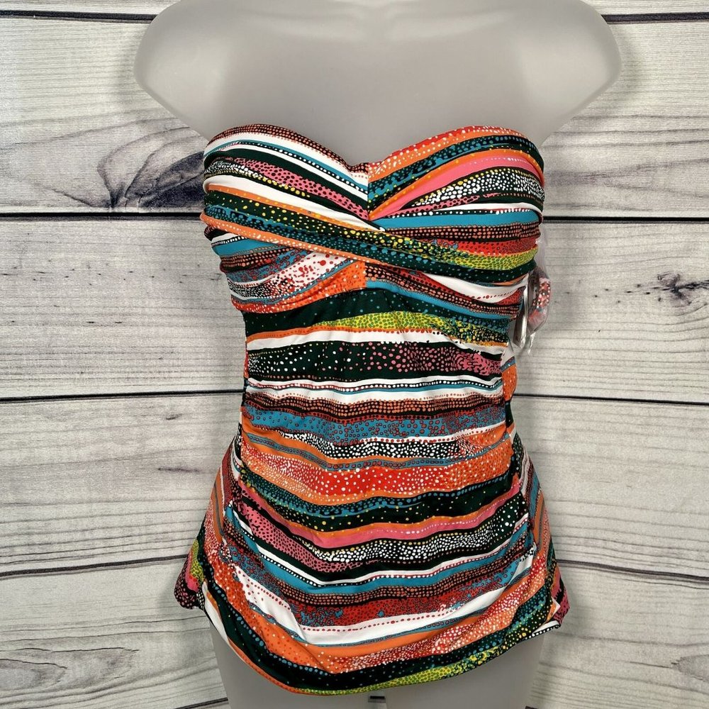 Anne Cole Sand Stripe Orange Printed Twist Bandeau Tankini Multi Size Large